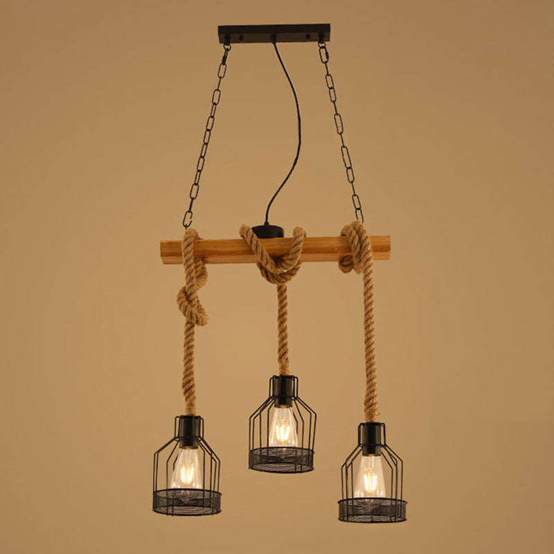 Traditionelle rustikale Käfig-Eisen-Seil-Massivholz 3/5 Licht Kronleuchter Insel Licht für Esszimmer 
