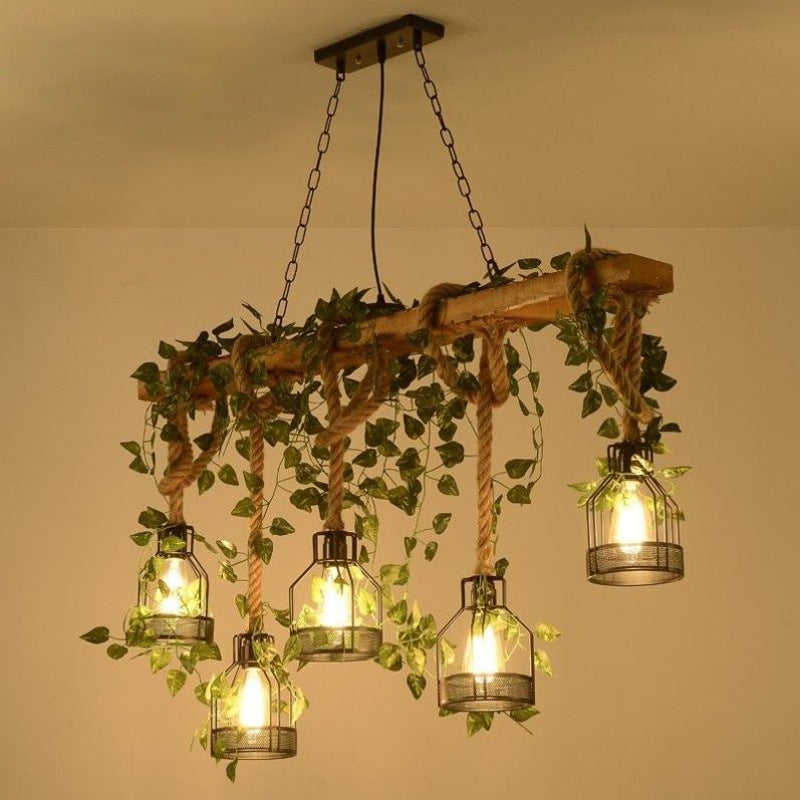Traditionelle rustikale Käfig-Eisen-Seil-Massivholz 3/5 Licht Kronleuchter Insel Licht für Esszimmer 