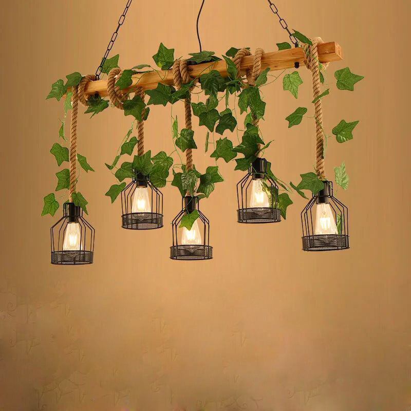 Traditionelle rustikale Käfig-Eisen-Seil-Massivholz 3/5 Licht Kronleuchter Insel Licht für Esszimmer 