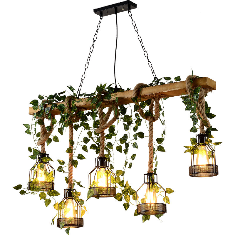 Traditionelle rustikale Käfig-Eisen-Seil-Massivholz 3/5 Licht Kronleuchter Insel Licht für Esszimmer 