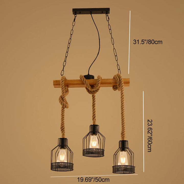 Lustre en bois massif avec corde en fer rustique traditionnel, 3/5 lumières pour salle à manger 