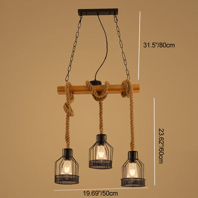 Traditionelle rustikale Käfig-Eisen-Seil-Massivholz 3/5 Licht Kronleuchter Insel Licht für Esszimmer 