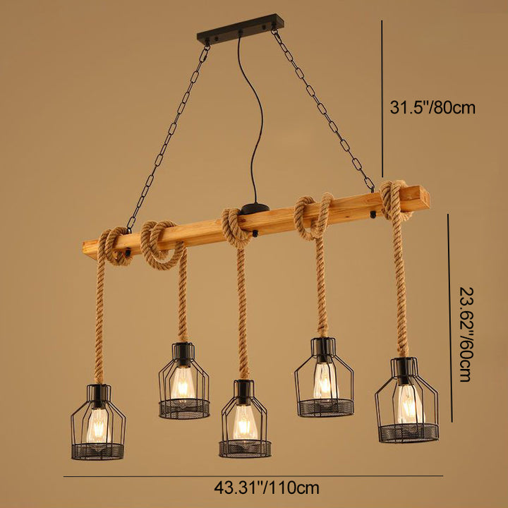 Lustre en bois massif avec corde en fer rustique traditionnel, 3/5 lumières pour salle à manger 