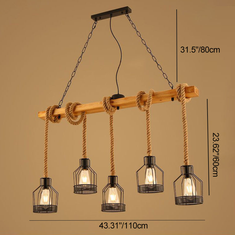 Traditionelle rustikale Käfig-Eisen-Seil-Massivholz 3/5 Licht Kronleuchter Insel Licht für Esszimmer 