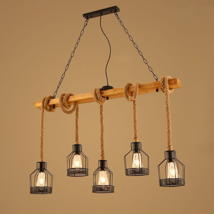 Traditionelle rustikale Käfig-Eisen-Seil-Massivholz 3/5 Licht Kronleuchter Insel Licht für Esszimmer 