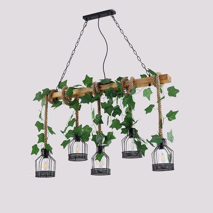 Lustre en bois massif avec corde en fer rustique traditionnel, 3/5 lumières pour salle à manger 