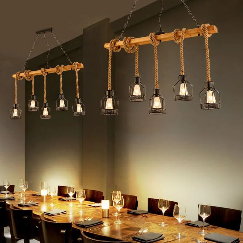 Traditionelle rustikale Käfig-Eisen-Seil-Massivholz 3/5 Licht Kronleuchter Insel Licht für Esszimmer 