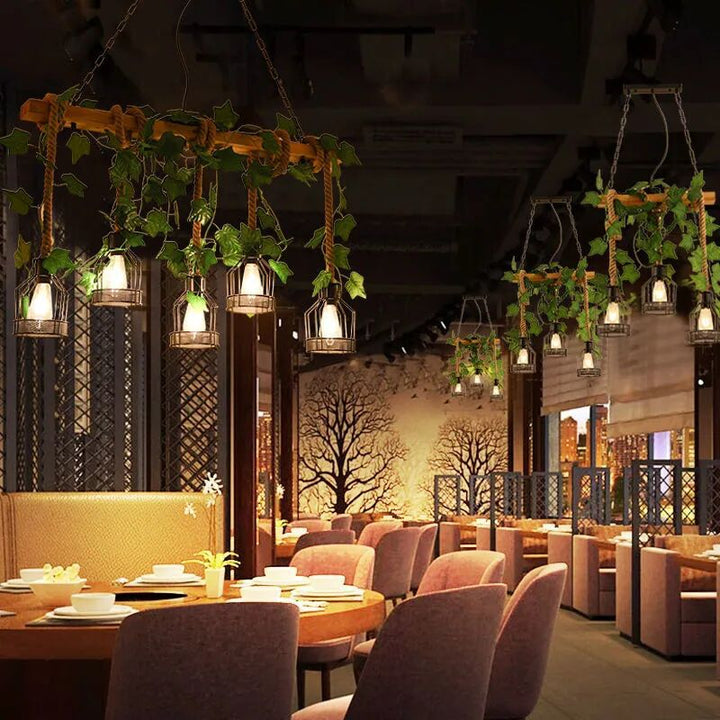 Lustre en bois massif avec corde en fer rustique traditionnel, 3/5 lumières pour salle à manger 