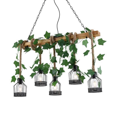 Traditionelle rustikale Käfig-Eisen-Seil-Massivholz 3/5 Licht Kronleuchter Insel Licht für Esszimmer 