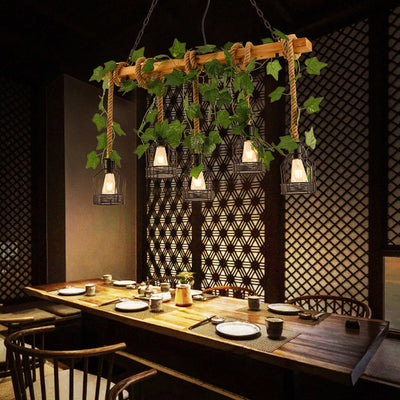 Traditionelle rustikale Käfig-Eisen-Seil-Massivholz 3/5 Licht Kronleuchter Insel Licht für Esszimmer 