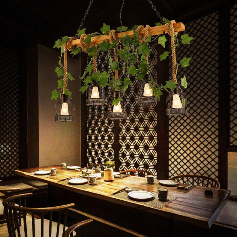Traditionelle rustikale Käfig-Eisen-Seil-Massivholz 3/5 Licht Kronleuchter Insel Licht für Esszimmer 