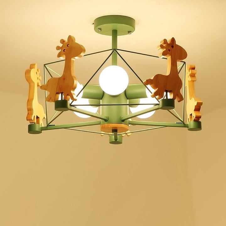 Contemporary Creative Kids Pinwheel Metal Wood 5-Light Semi-Flush Mount Ceiling Light For Bedroom