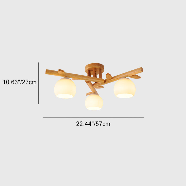 Traditional Japanese Dome Iron Oak Wood 3/5/8 Light Semi-Flush Mount Ceiling Light For Living Room