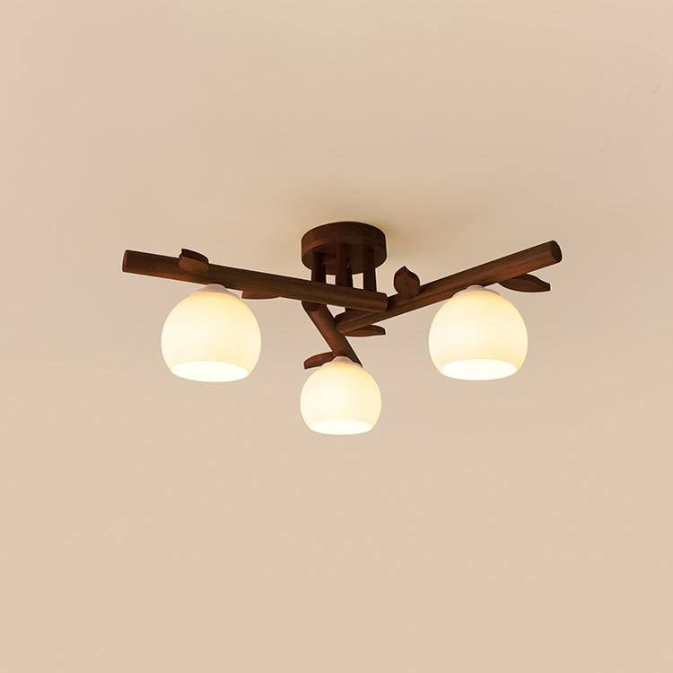 Traditional Japanese Dome Iron Oak Wood 3/5/8 Light Semi-Flush Mount Ceiling Light For Living Room