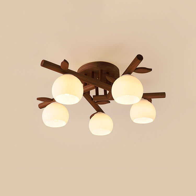 Traditional Japanese Dome Iron Oak Wood 3/5/8 Light Semi-Flush Mount Ceiling Light For Living Room