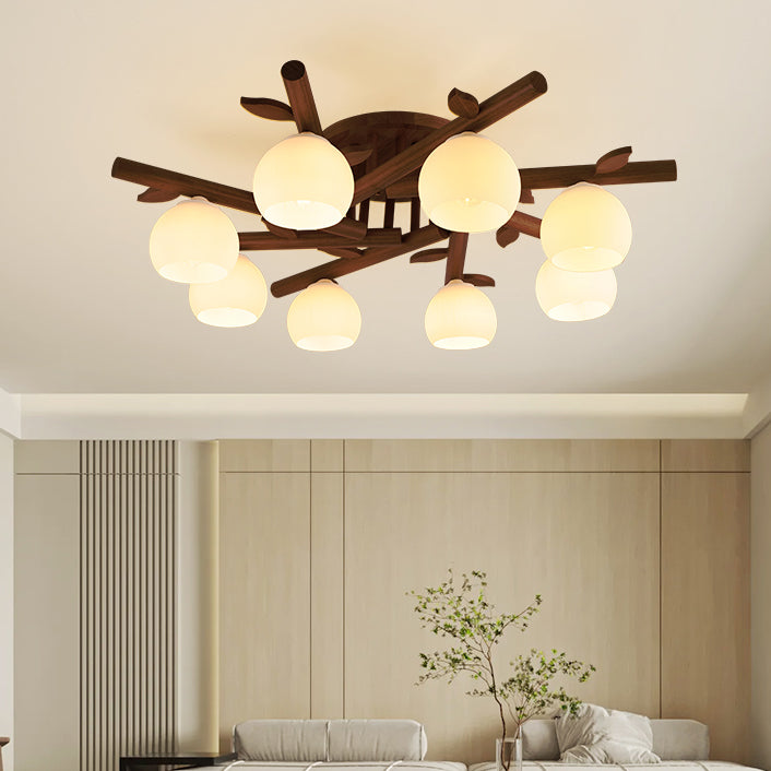 Traditional Japanese Dome Iron Oak Wood 3/5/8 Light Semi-Flush Mount Ceiling Light For Living Room