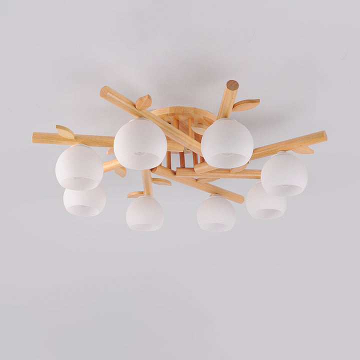 Traditional Japanese Dome Iron Oak Wood 3/5/8 Light Semi-Flush Mount Ceiling Light For Living Room