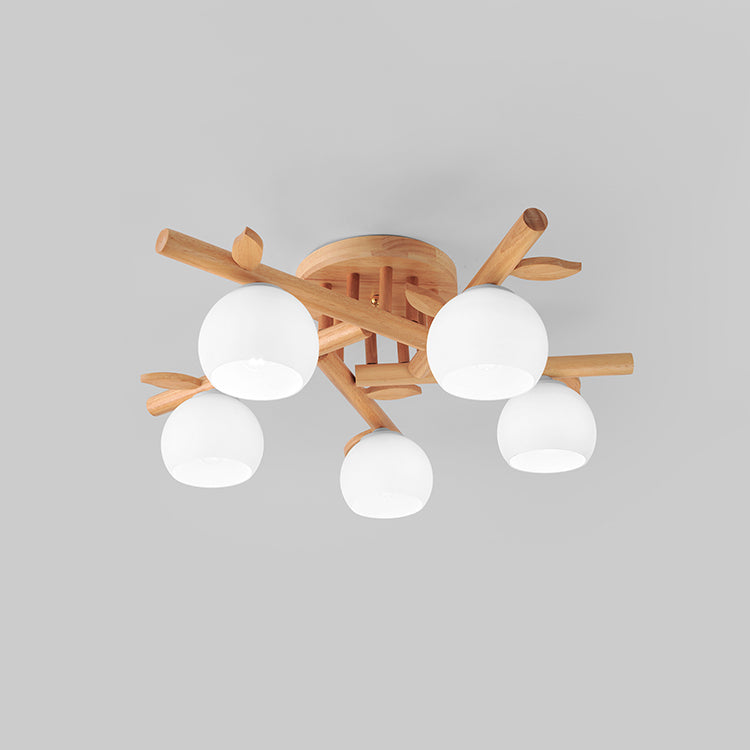 Traditional Japanese Dome Iron Oak Wood 3/5/8 Light Semi-Flush Mount Ceiling Light For Living Room