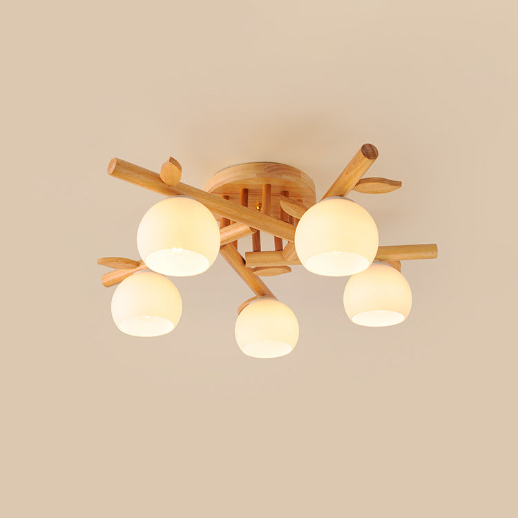 Traditional Japanese Dome Iron Oak Wood 3/5/8 Light Semi-Flush Mount Ceiling Light For Living Room