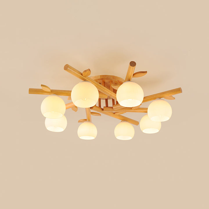 Traditional Japanese Dome Iron Oak Wood 3/5/8 Light Semi-Flush Mount Ceiling Light For Living Room