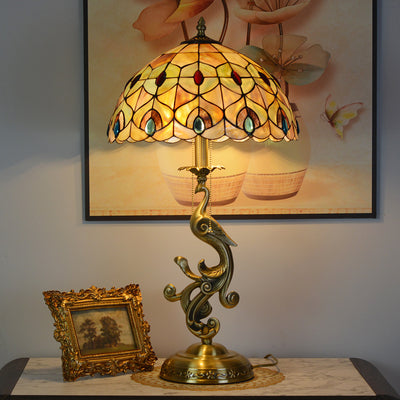 Traditional Tiffany Peacock Dome Copper Glass 1-Light Table Lamp For Bedroom