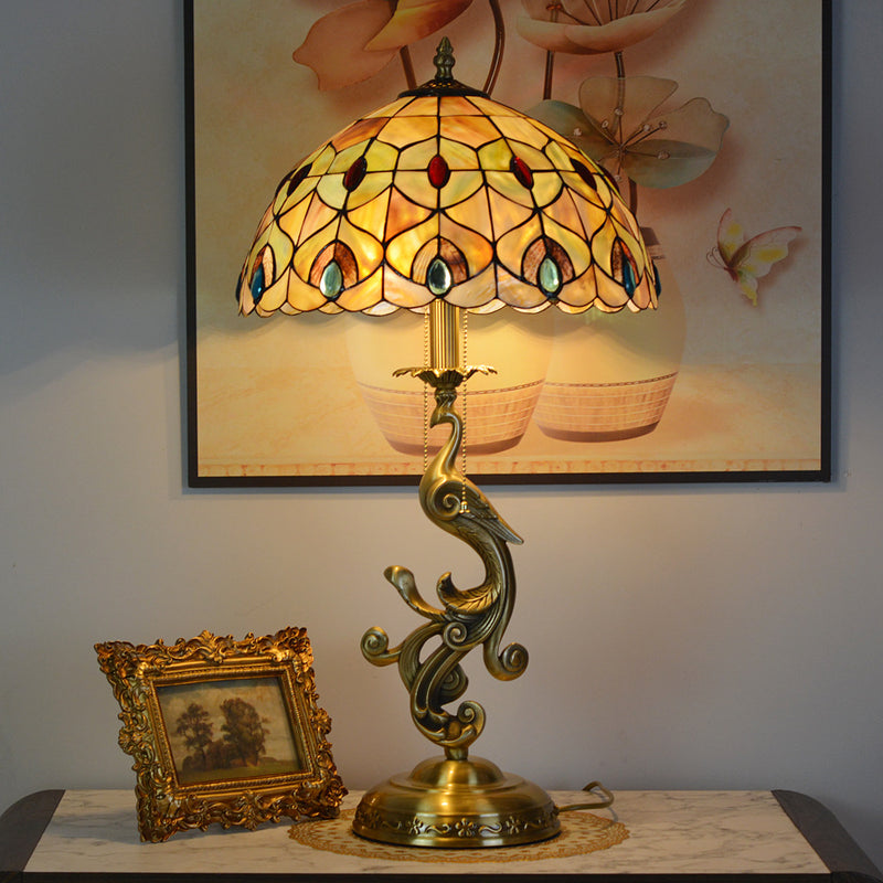 Traditional Tiffany Peacock Dome Copper Glass 1-Light Table Lamp For Bedroom
