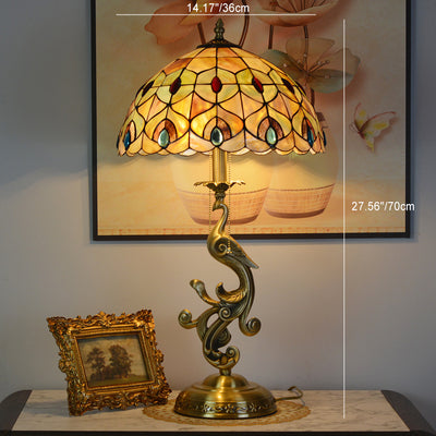 Traditional Tiffany Peacock Dome Copper Glass 1-Light Table Lamp For Bedroom
