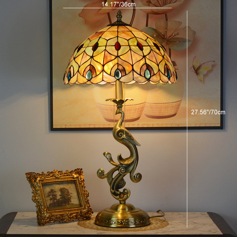 Traditional Tiffany Peacock Dome Copper Glass 1-Light Table Lamp For Bedroom
