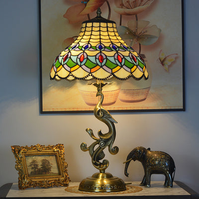 Traditional Tiffany Peacock Dome Copper Glass 1-Light Table Lamp For Bedroom
