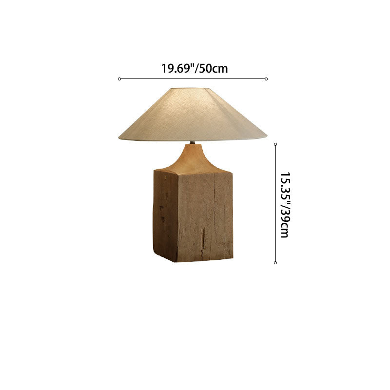 Traditional Japanese Cone Solid Wood Linen 1-Light Table Lamp For Bedroom