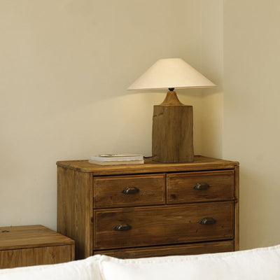 Traditional Japanese Cone Solid Wood Linen 1-Light Table Lamp For Bedroom
