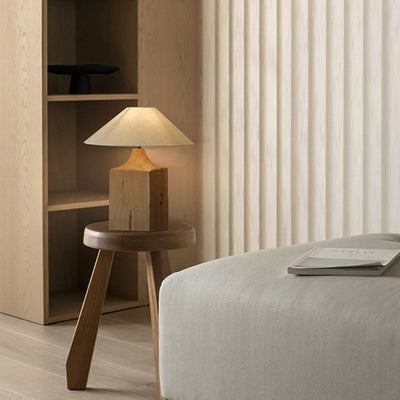 Traditional Japanese Cone Solid Wood Linen 1-Light Table Lamp For Bedroom