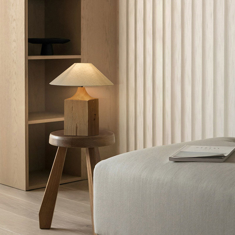 Traditional Japanese Cone Solid Wood Linen 1-Light Table Lamp For Bedroom