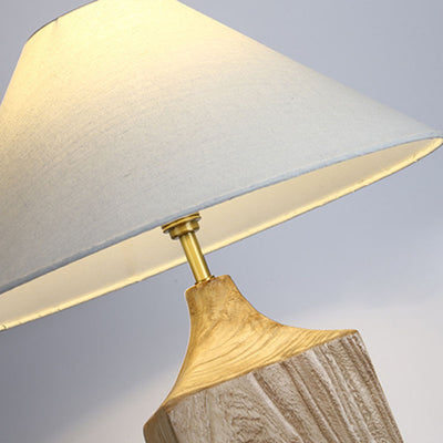 Traditional Japanese Cone Solid Wood Linen 1-Light Table Lamp For Bedroom