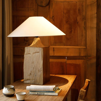 Traditional Japanese Cone Solid Wood Linen 1-Light Table Lamp For Bedroom