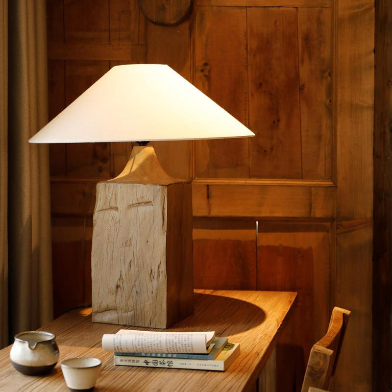 Traditional Japanese Cone Solid Wood Linen 1-Light Table Lamp For Bedroom