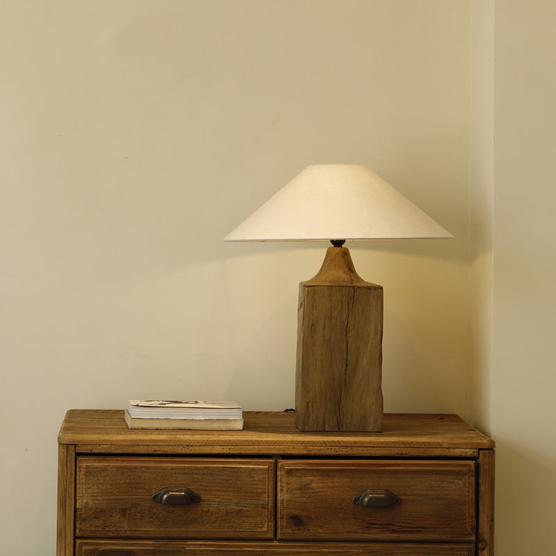 Traditional Japanese Cone Solid Wood Linen 1-Light Table Lamp For Bedroom