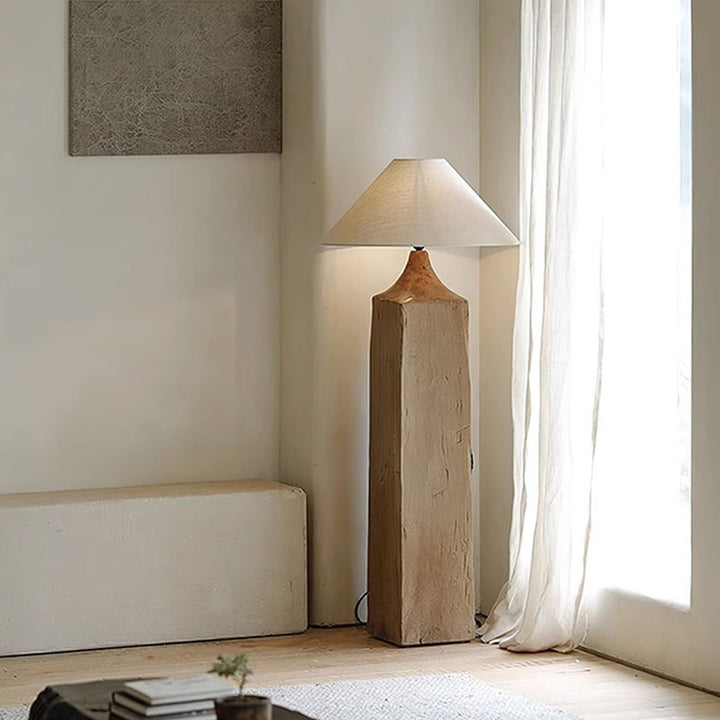 Lámpara de pie de 1 luz de madera maciza de cono japonés tradicional con pantalla de lino para sala de estar 