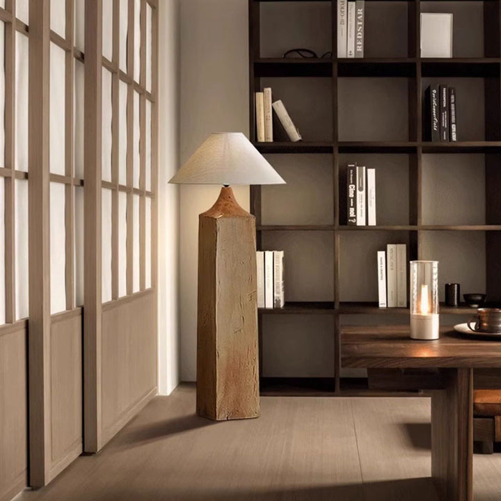 Lámpara de pie de 1 luz de madera maciza de cono japonés tradicional con pantalla de lino para sala de estar 