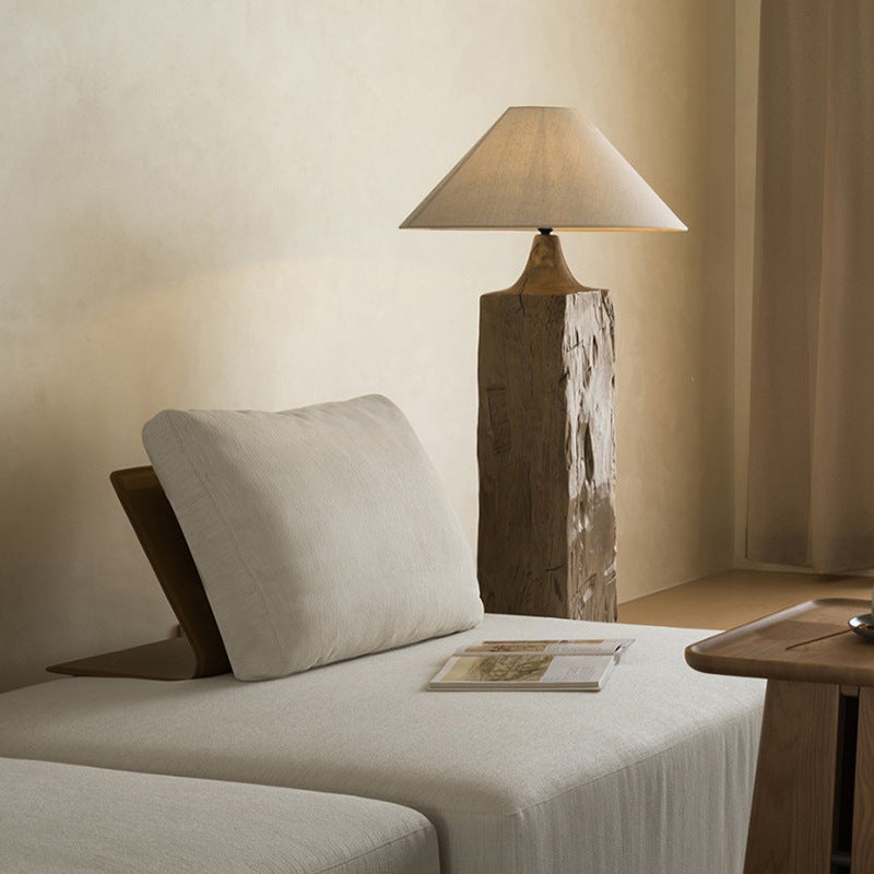 Lámpara de pie de 1 luz de madera maciza de cono japonés tradicional con pantalla de lino para sala de estar 