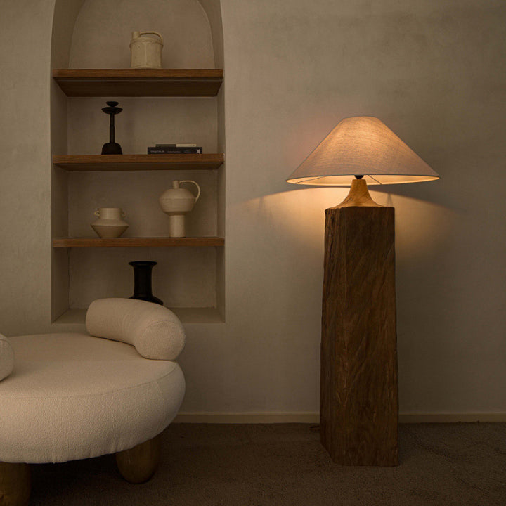 Lámpara de pie de 1 luz de madera maciza de cono japonés tradicional con pantalla de lino para sala de estar 