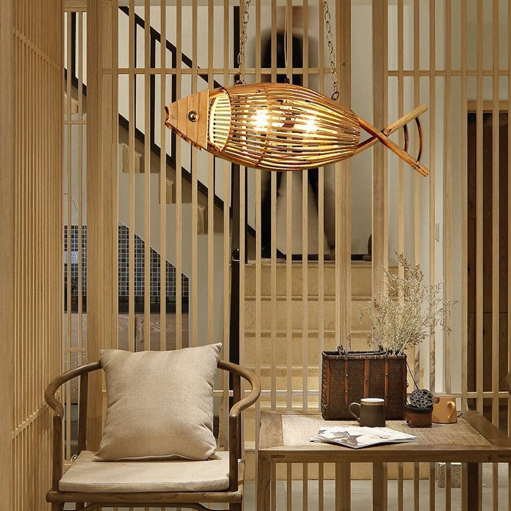 Contemporary Creative Fish Bamboo Solid Wood 2-Light Chandelier Island Light For Dining Room