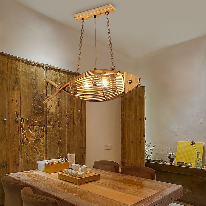 Contemporary Creative Fish Bamboo Solid Wood 2-Light Chandelier Island Light For Dining Room