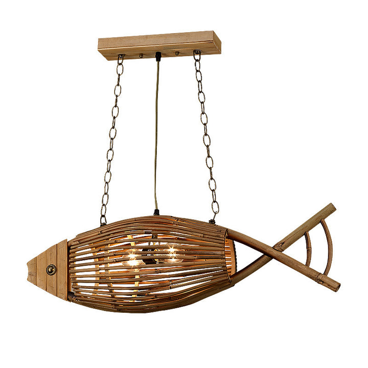 Contemporary Creative Fish Bamboo Solid Wood 2-Light Chandelier Island Light For Dining Room