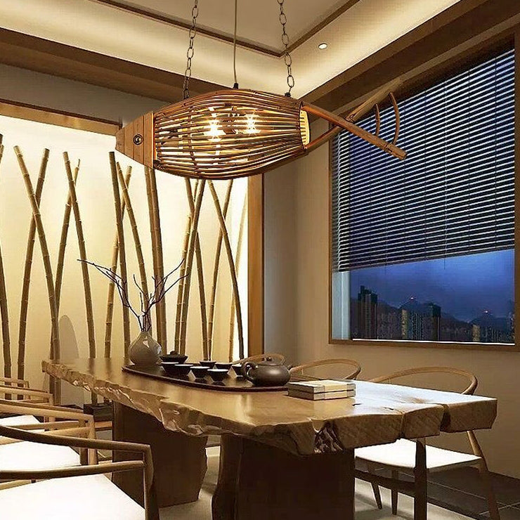 Contemporary Creative Fish Bamboo Solid Wood 2-Light Chandelier Island Light For Dining Room