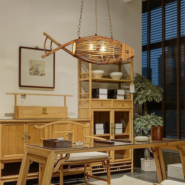 Contemporary Creative Fish Bamboo Solid Wood 2-Light Chandelier Island Light For Dining Room