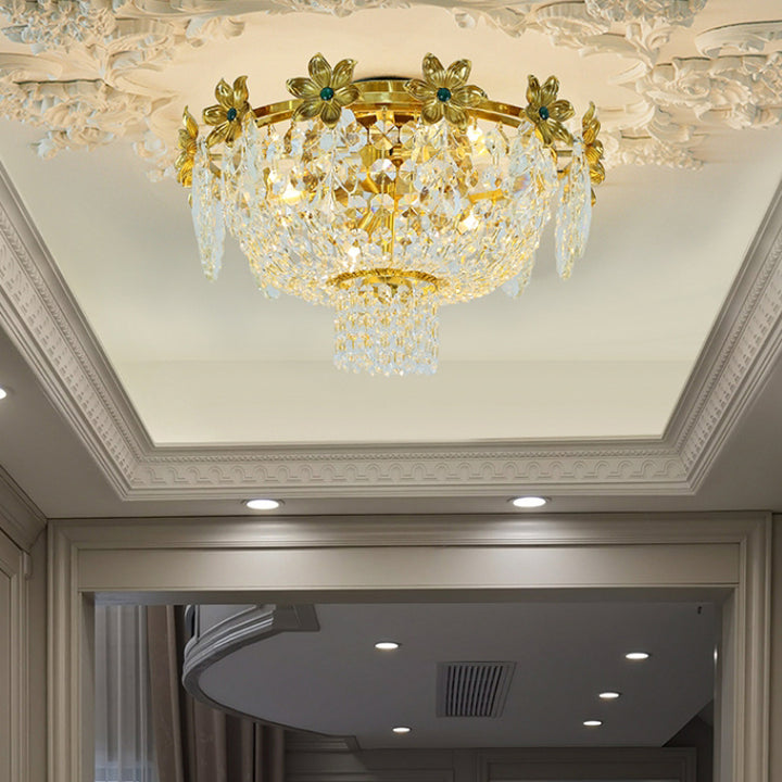 Lámpara de Techo de Montaje Empotrado de 4 Luces con Cúpula Francesa Tradicional de Cobre y Cristal para Sala de Estar 