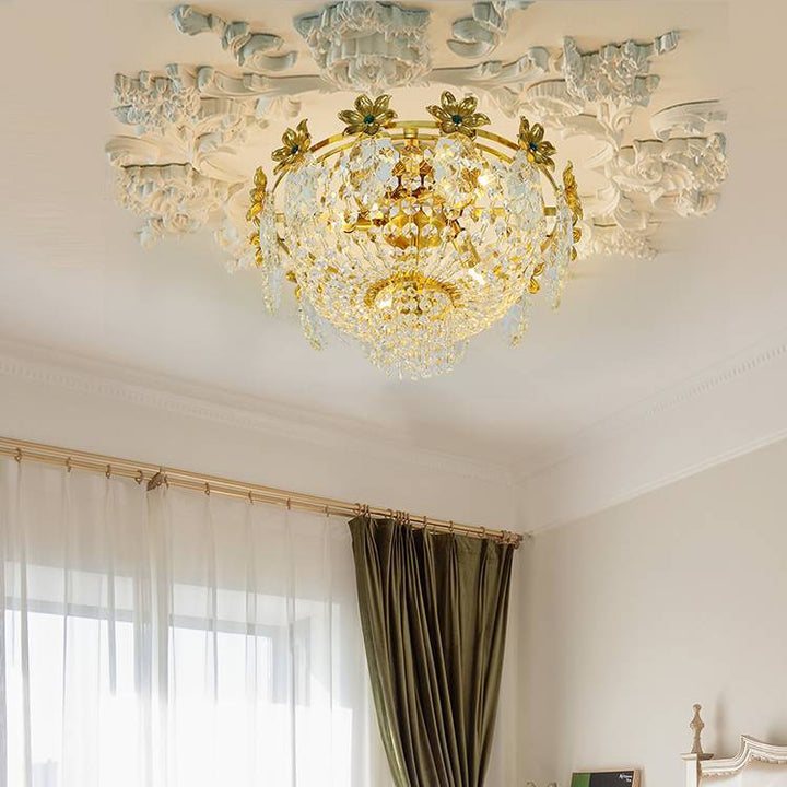 Lámpara de Techo de Montaje Empotrado de 4 Luces con Cúpula Francesa Tradicional de Cobre y Cristal para Sala de Estar 