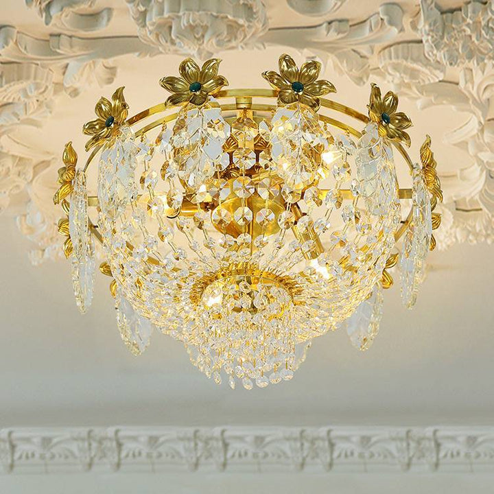 Lámpara de Techo de Montaje Empotrado de 4 Luces con Cúpula Francesa Tradicional de Cobre y Cristal para Sala de Estar 