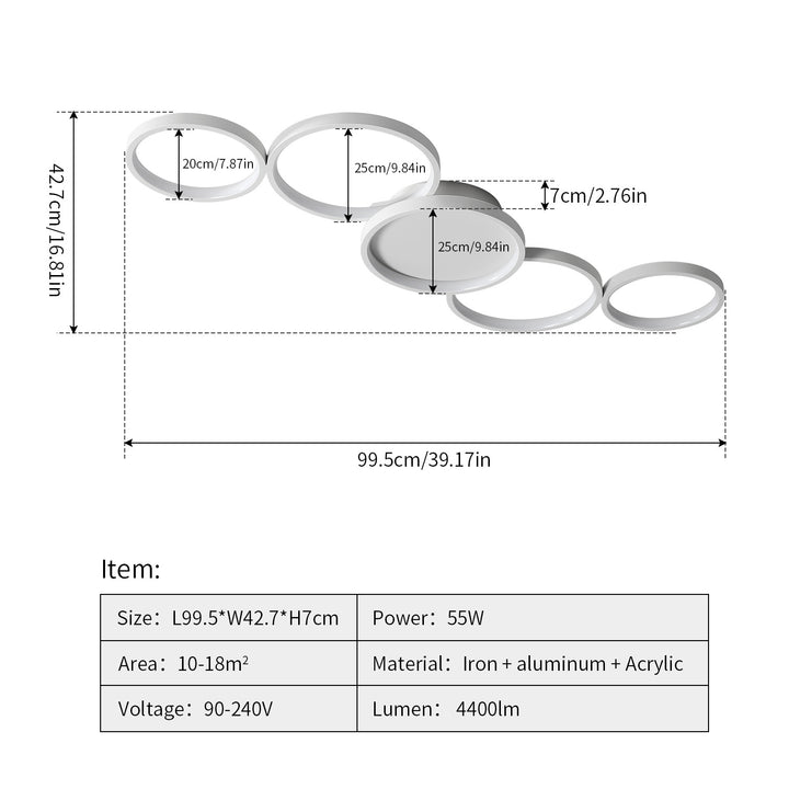 Luz de techo LED semiempotrada de hierro, aluminio y acrílico con múltiples círculos minimalistas modernos para sala de estar 